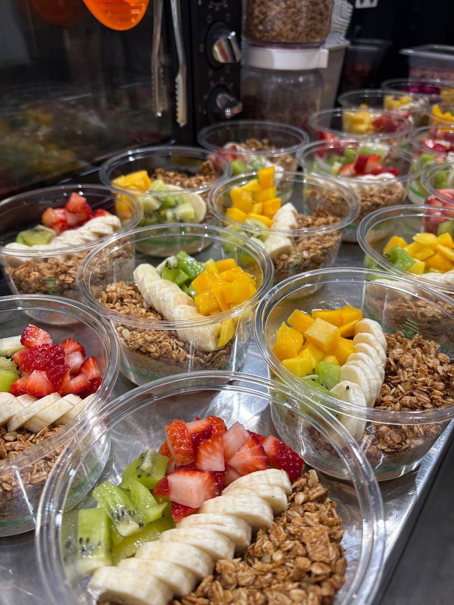 Gluten-free granola parfait catering cups prepared for a Singapore office breakfast