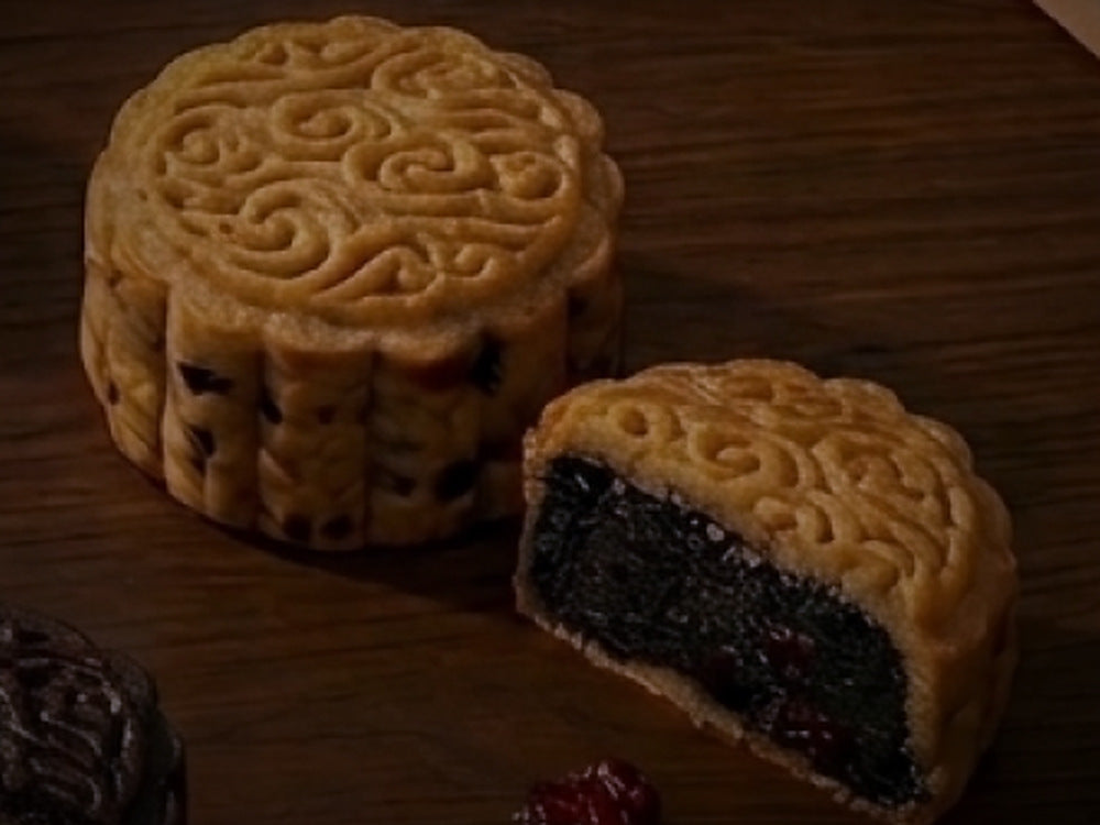 Gluten-free macadamia black sesame mooncake, dairy-free and vegan